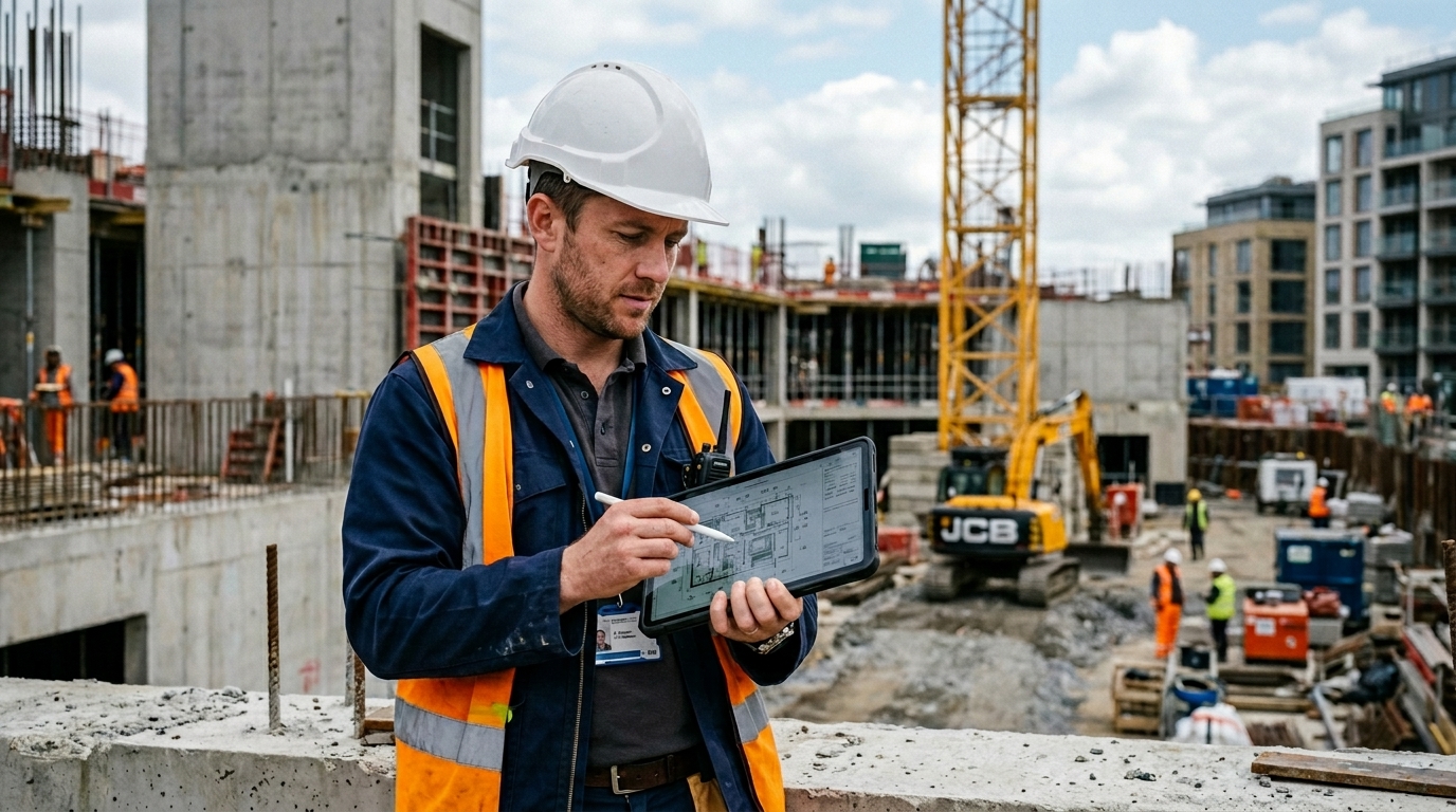 Engenheiro analisando planta de obra